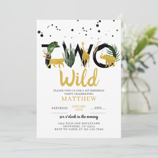 Twee wilde gouden safari-verjaardagsuitnodiging kaart (Staand voorkant)
