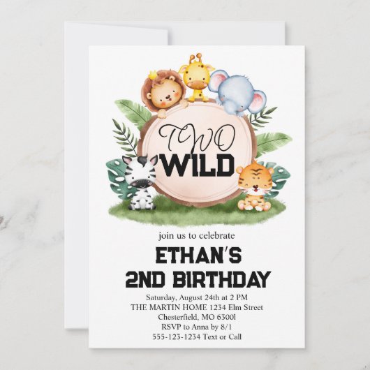 Twee wilde jungle safari dieren 2e verjaardagsfees kaart (Voorkant)