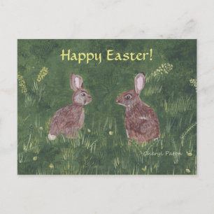 Twee wilde konijnen in gras Happy Easter Briefkaar Feestdagenkaart