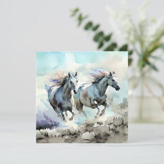 Twee wilde mustangs racen tegen de wind bedankkaart (Staand voorkant)