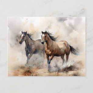 “Twee Wilde Mustangs” Stof Westers Waterverf Briefkaart