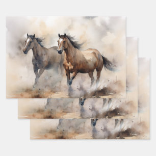 “Twee Wilde Mustangs” Stof Westers Waterverf Inpakpapier Vel