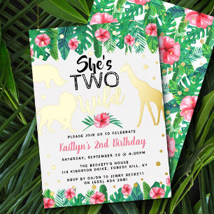 Twee Wilde Oerwoud Safari Girls 2e verjaardag Real Folie Uitnodiging