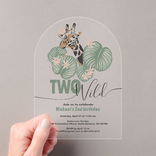 Twee Wilde Oerwouden Giraffe Dier 2e Verjaardagsfe Acryl Uitnodigingen (Insitu (Draagbaar))