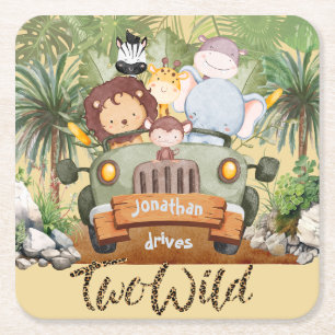 Twee wilde safari-dieren rijden in auto 2e verjaar vierkante kartonnen onderzetter