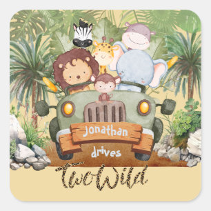Twee wilde safari-dieren rijden in auto 2e verjaar vierkante sticker