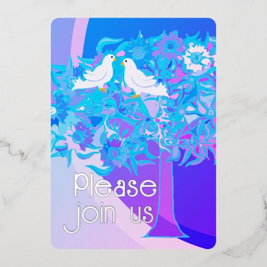 Twee witte duiven Art Deco stijl Folie Uitnodiging (Voorkant)