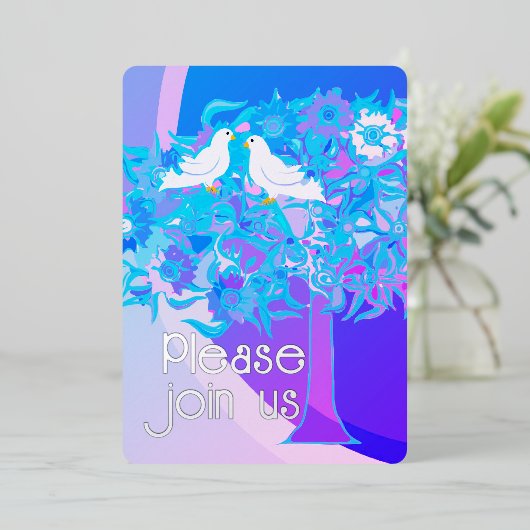 Twee witte duiven Art Deco stijl Folie Uitnodiging (Staand Voorkant)