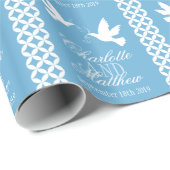 Twee witte duiven blauw huwelijkscadeau inpakpapie cadeaupapier (Rol Hoek)