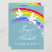 Twee witte duiven regenboog bruiloft blauw grijs u kaart (Voorkant / Achterkant)