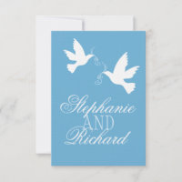 Twee witte vogelvogels blauw formeel huwelijk RSVP