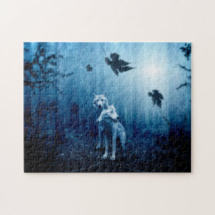Twee witte wolven in het wild bos legpuzzel