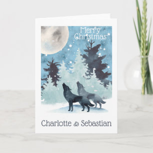 Twee wolven huilen naar een wintermaan Kerstmis Kaart