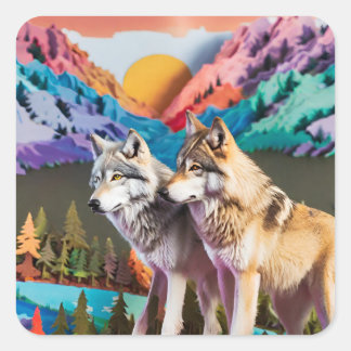 TWEE WOLVEN IN KLEURRIJK LANDSCHAP VIERKANTE STICKER
