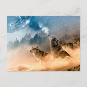 Twee wolven trekken op volle maan in het bos briefkaart
