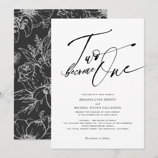 Twee worden één moderne calligrafie zwart en wit kaart (Voorkant / Achterkant)