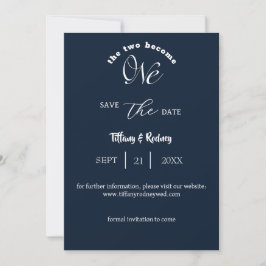 Twee worden één wit script Navy Save-the-Date Kaart