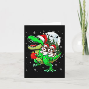 Twee Xmas Shih Tzus Riding T-rex Rendier Lover Kin Kaart
