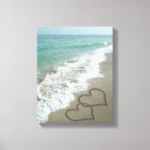 Twee zand harten op de strand, de Romantische Ocea Canvas Afdruk