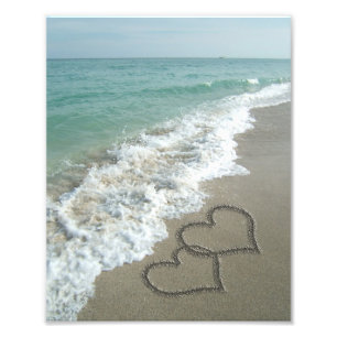 Twee zand harten op de strand, de Romantische Ocea Foto Afdruk