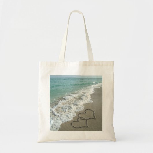 Twee zand harten op de strand, de Romantische Ocea Tote Bag (Voorkant)