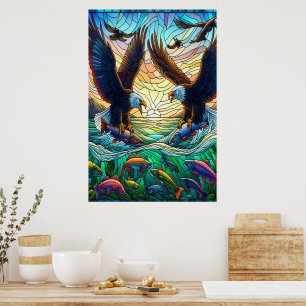 Twee zeearenden vangen vis over een levendige rivi poster