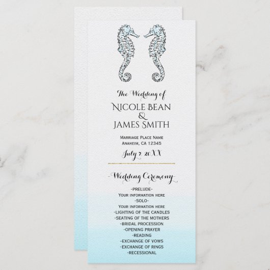 Twee Zeepaardjes Elegant Strand Wedding Program Ra Programma (Voorkant / Achterkant)