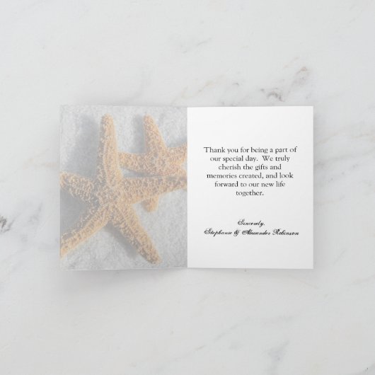 Twee Zeesterren in het Zand, Strand Huwelijk Bedankkaart (Binnen)
