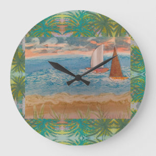 Twee zeilboten bewolkte lucht grote klok