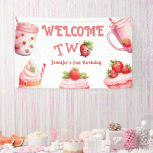 TWEE Zoet! Roze Meisje Aardbei 2de Verjaardag Spandoek