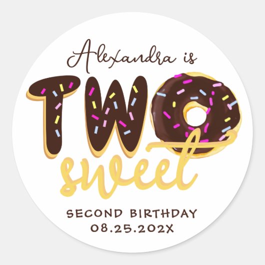 Twee Zoete 2de Verjaardag Donut Chocolade Script   Ronde Sticker (Voorkant)