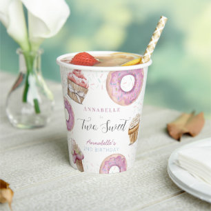 Twee Zoete Cupcake & Donuts Meisje 2de Verjaardag Papieren Bekers