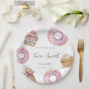 Twee Zoete Cupcake & Donuts Meisje 2de Verjaardag Papieren Bordje