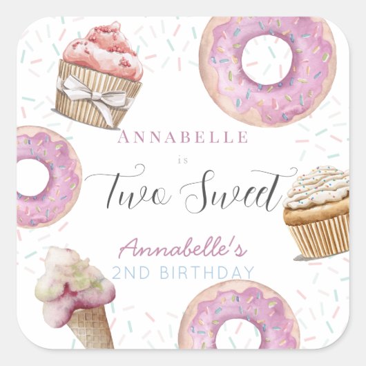Twee zoete cupcake en donuts meisje 2e verjaardag vierkante sticker (Voorkant)
