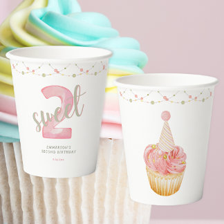 Twee Zoete Cute Cupcake 2de Verjaardag  Papieren Bekers