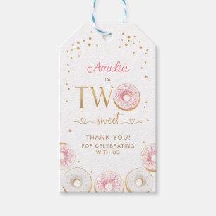 Twee zoete roze gouden donuts verjaardag cadeaulabel