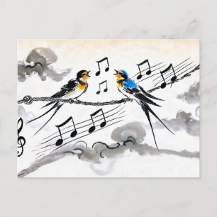 Twee zwaluwen die zingen op een hoogspanningslijn  briefkaart