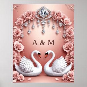 Twee zwanen roze rozen bruiloft kroonluchter scène poster