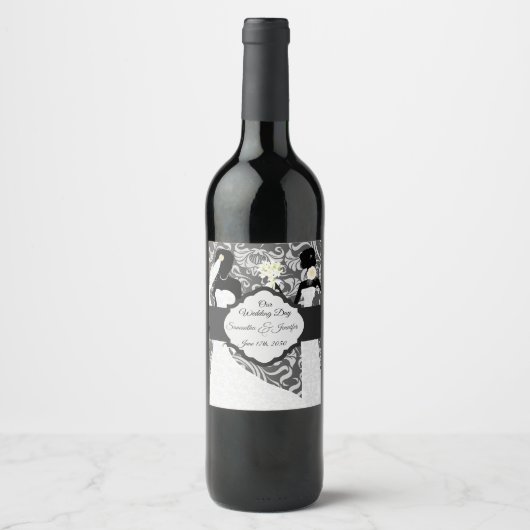 Twee zwarte bruidjes op onze huwelijksdag botanisc wijn etiket (Voorkant)