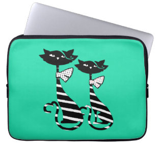 Twee zwarte en witte Silhouette katten Groen Laptop Sleeve