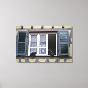 Twee zwarte katten bij het raam canvas afdruk