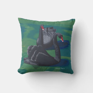 Twee Zwarte Zwanen Zwemmend Schilderij Kussens