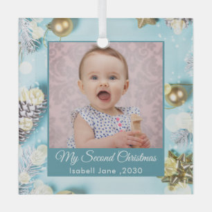 Tweede Kerst Aangepaste Familie Foto Tekst blauw Glas Ornament