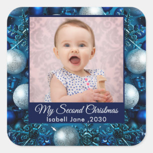 Tweede Kerst Aangepaste Familie Foto Tekst blauw Vierkante Sticker