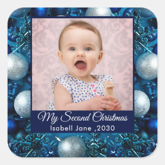 Tweede Kerst Aangepaste Familie Foto Tekst blauw Vierkante Sticker