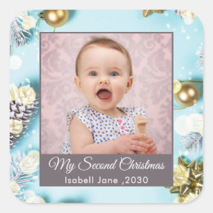 Tweede Kerst Aangepaste Familie Foto Tekst blauw Vierkante Sticker