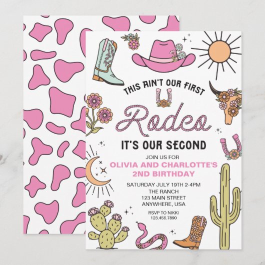 Tweede Rodeo Roze Westerne 2e Verjaardag Tweeling Kaart (Voorkant / Achterkant)