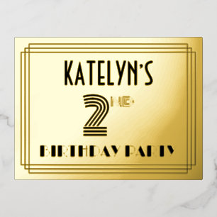 Tweede verjaardag ~ Art Deco Style "2" + Naam Folie Uitnodiging Briefkaart