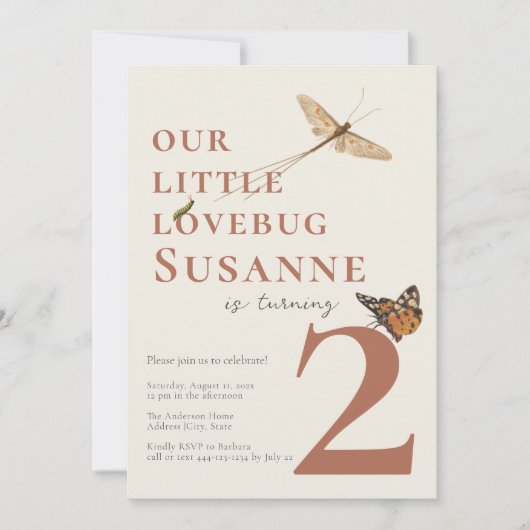 Tweede Verjaardag Little Love Bug Baby Uitnodiging (Voorkant)