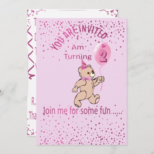 Tweede verjaardag Roze uitnodiging (Voorkant / Achterkant)